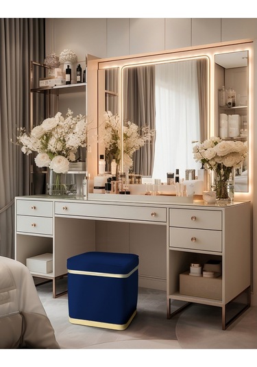 Zengo Gold Twin Line Kare Puf -mavi Kumaş, Dekoratif Makyaj Masası Pufu-modern Style