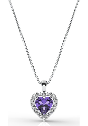 925 Ayar Ametist Taşlı Rodyum Pırlanta Görünümlü Kalp Gümüş Kolye Gümüş - Rodyum