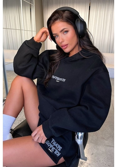 Thatsofetch Series 7 Sweatshirt - Siyah Baskılı Oversize Kapüşonlu Siyah