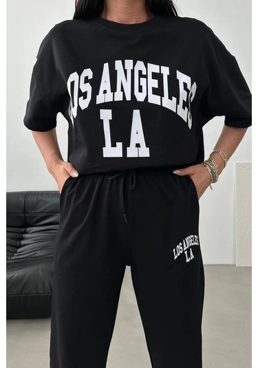 Los Angeles T-shirt Eşofman Altı Jogger- Siyah Baskılı Alt Üst Eşofman Takım Oversize Bisiklet Yaka Siyah