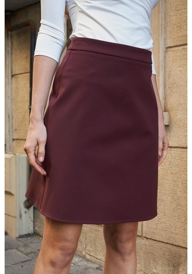 Yüksek Bel Hafif Likralı Kumaş Diz Boy Çan Etek-bordo Bordo