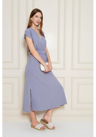 Kadın Kruvaze Yaka Cepli Derin Yırtmaçlı Beli Lastikli Aerobin Günlük Yazlık Elbise 3764341 Gri