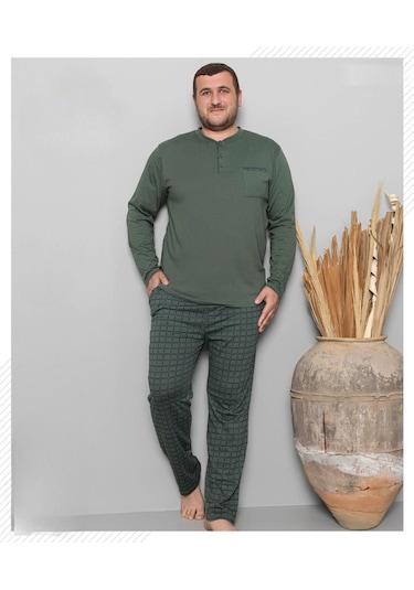 Pijamoni Erkek Battal Düğme Yaka Penye Uzun Kol Pijama Takımı 6720/7 - 1 Adet Yeşil
