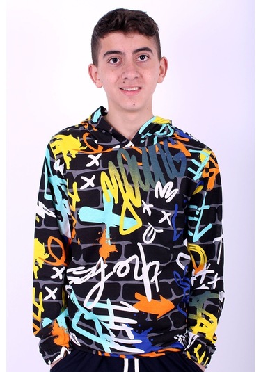 Grafiti Desenli Kapüşonlu Unisex 2 Iplik Turkuaz Sweatshirt Turkuaz