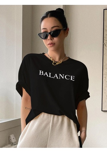 Kadın Siyah Oversize Balance Baskılı Örme T-shirt Siyah-58466