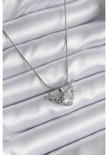 316l Çelik Gümüş Renk Zirkon Taşlı Boynuz Model Kadın Kolye