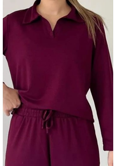 Balenbi Kadın Modal Kumaş Polo Yaka Uzun Kollu Takım 1126 Bordo