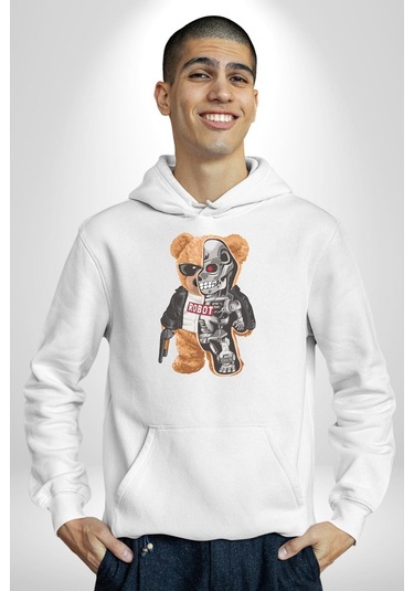 Robot Ayı Güneş Gözlüğü Kadın Erkek Beyaz Kapüşonlu Sweatshirt Hoodie Beyaz