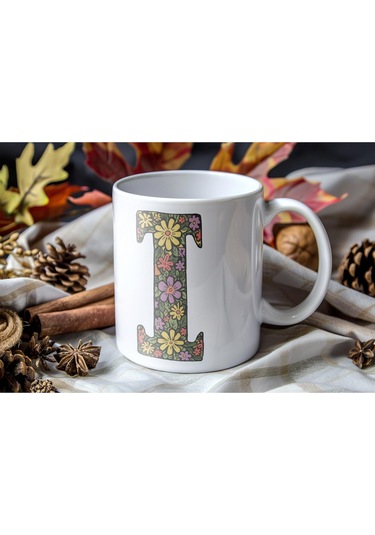 I Baş Harf Çiçek Desenleri İle Natural Tarz Kupa Bardak - Kişiye Özel Çiçekli Kahve Çay Bardak - Beyaz