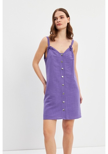 Stella Pulvis Mor Askılı Keten Mini Elbise Mor