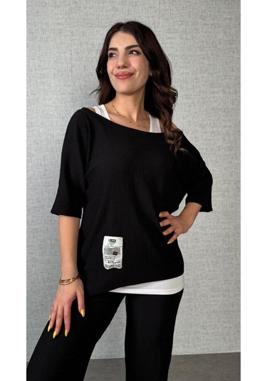 Sensuelle Kadın Kısa Kollu Omuzlardan Açık Yarasa Kollu Bürümcük Bluz Ve Pantolon Ve Viskon Atlet Siyah