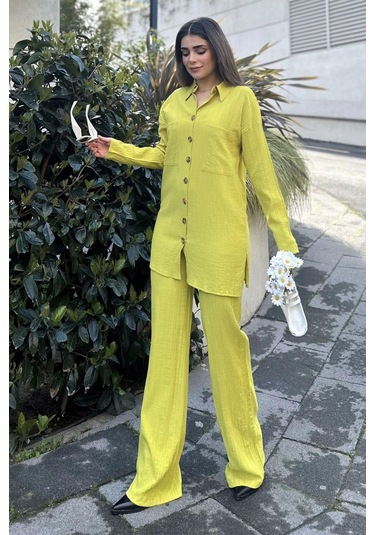 Kadın Yeşil Gofre Kumaş, Çift Cepli Gömlek & Bol Paça Pantolon - Salaş Alt & Üst Takım Yağ Yeşili