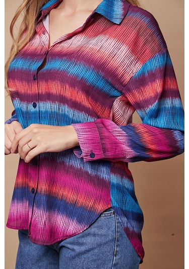 Kadın Desenli Yakalı Düşük Omuzlu Uzun Kol Şık Ofis Gömlek-Ebruli Desen Ebruli Desen