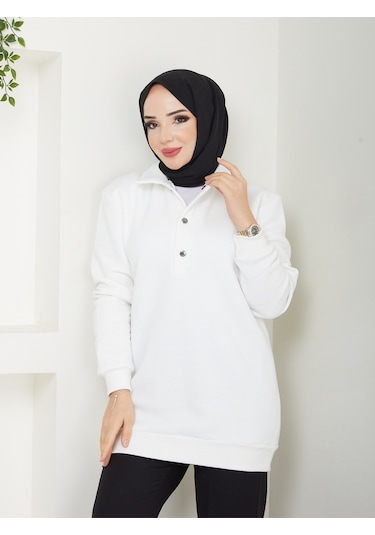 Raika Moda Kapşonlu 3 İplik Büyük Beden Tesettür Sweatshirt Ekru