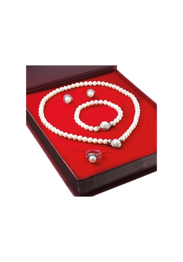 Chavin Ds47 İnci Gümüş Kolye Küpe Bileklik Yüzük Takım Set