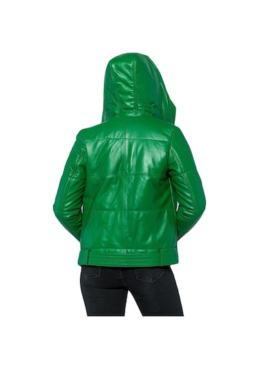 Basics&more Kadın Kapüşonlu Şişme Hakiki Deri Ceket - Elle 001