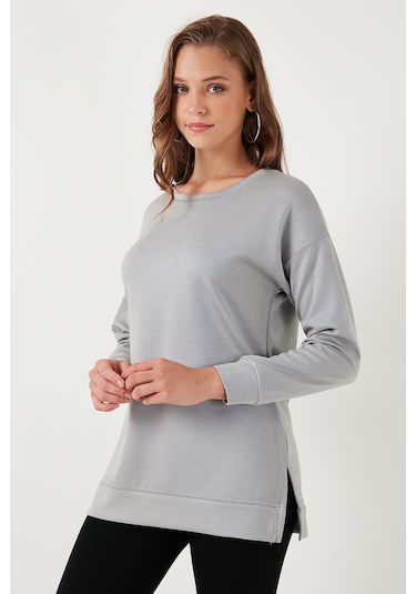 Lela Streç Oversize Fit Bisiklet Yaka Modal Kumaş Bayan Sweat 5865877 Gri