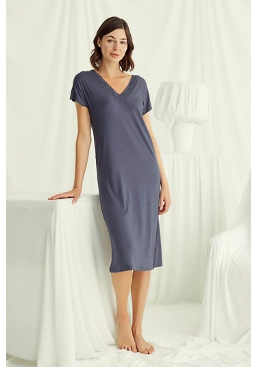Monamise 18503 Kadın V Yaka Kısa Kollu Gecelik-lacivert Lacivert