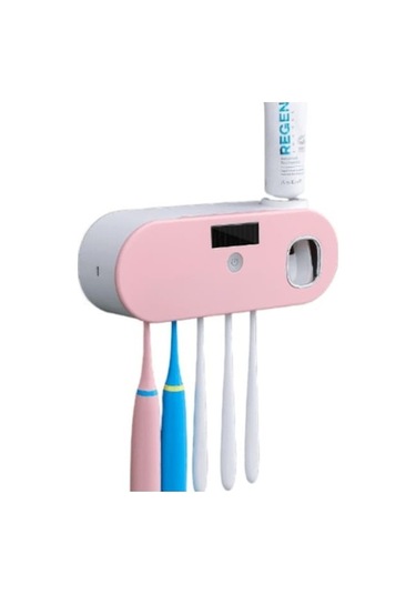 Bosphorusboutique02 Akıllı Diş Fırçası Tutucu Uv Sterilizatör + Makunu Sıkacı Pembe Aile İçin Pembe