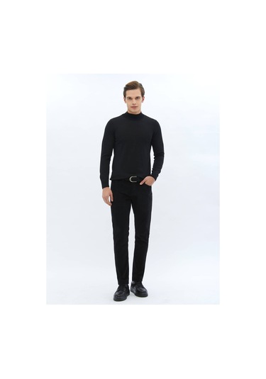Siyah Yarım Balıkçı Yaka Düz Örgü Yün Karışımlı Triko 656011 Siyah
