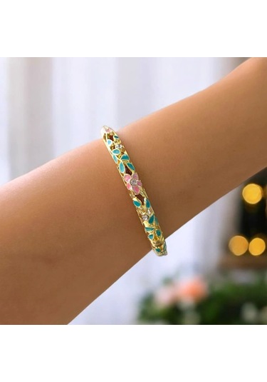 Yeşil Yapraklı Pembe Çiçek Mineli Çelik Bilezik Gold