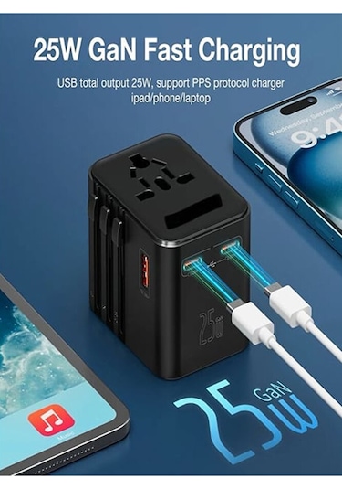 25w Evrensel Seyahat Şarj Adaptörü Fiş Priz Dönüştürücü /1xusb /2