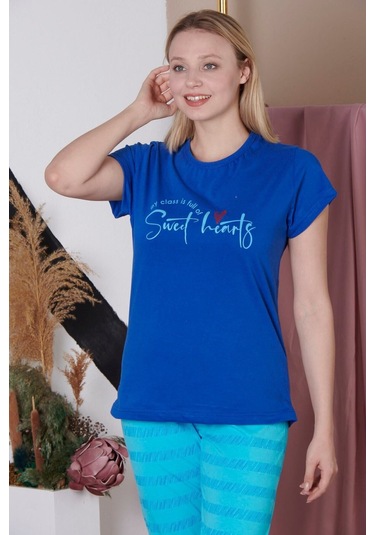 Kadın Kısa Kollu Yazı Baskılı Saks Pijama Takımı K-20144 Saks