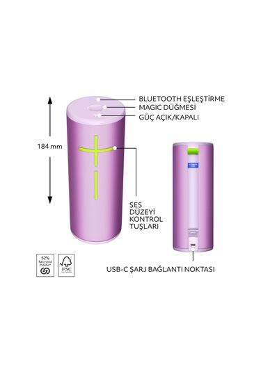Ultimate Ears Boom 4 Taşınabilir Su Geçirmez Bluetooth Hoparlör, 360 Derece, 15 Saatlik Pil Ömürlü - Mor