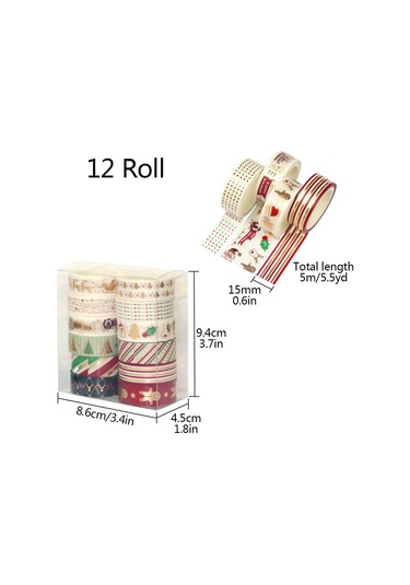 12 Rulo Noel Washi Bant Seti, Altın Maskeleme Bandı, İnce Dekoratif Renkli Bantlar, Noel Tasarımları, El Sanatları Bantları 1,5 Cm X 5 M 12