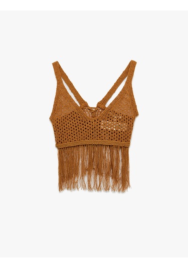Koton Püsküllü V Yaka Kolsuz Sırt Detaylı Slim Fit Kroşe Crop Bluz Kahverengi 5sal30001ht Kahve