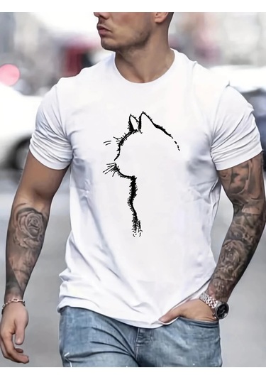 Guılan Erkek %100 Pamuk Yazlık Spor Tişört - Kedi Desenli Rahat Yuvarlak Boyun Kısa Kolluwhıte WHITE