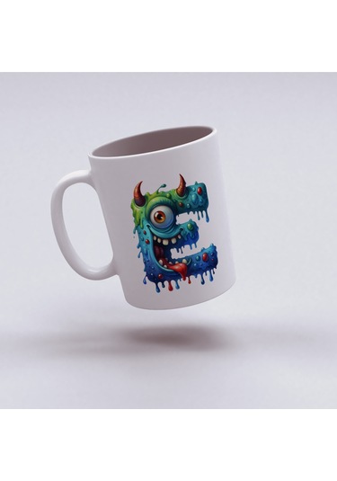 E Harfi Bardak, Sevimli Canavarlar Harflı Bardak Hediyesi Porselen Beyaz