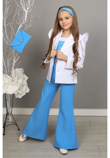 Riccotarz Kız Çocuk Zincir Ve Omuzu Fırfırlı Blazer Ceket Ve İspanyol Paça Mavi Pantolon Alt Üst Takım 001