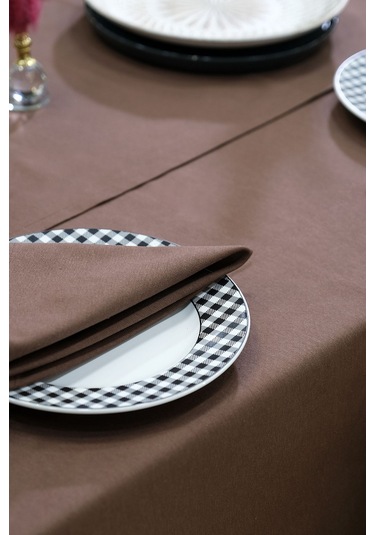 Dream 8 Parça Masa Örtüsü Seti Çeyiz Seti Salon Masa Örtüsü, Runner, 6'lı Peçete Kahverengi