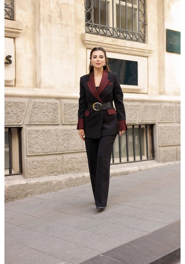 Gold Kemerli Garnili Kruvaze Takım Siyah Siyah