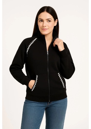 Kadın Oversize Dik Yaka Fermuarlı Sweatshirt - Zincir Nakışli Kanguru Cepli, - Siyah Siyah