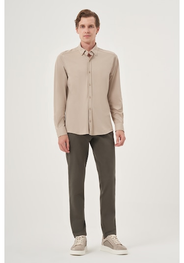 Morven Erkek Bej Örme Slim Fit Düğmeli Yaka Gömlek 25ms004024653 Bej Bej