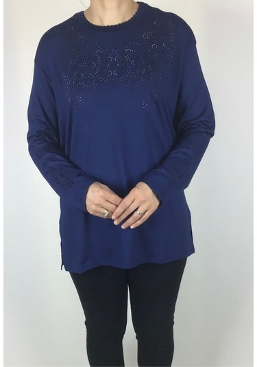 Kadın Likralı Turlu Viskon Büyük Beden Yaka Ve Kolağzı Taşlı Ve İşlemeli Bluz Mavi