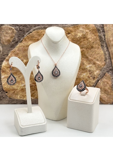 Elmas Montür Rosegold Damla Gümüş Set Takım - Lvrset08 Rose Gold