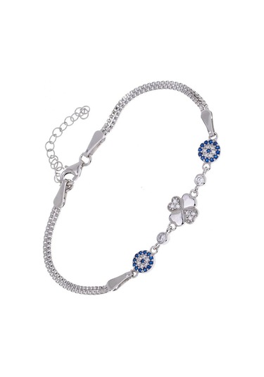 Nagiss Nazar Boncuğu Yonca Yaprağı Kalp Model Zirkon Taşlı 925 Ayar Gümüş Kadın Bileklik