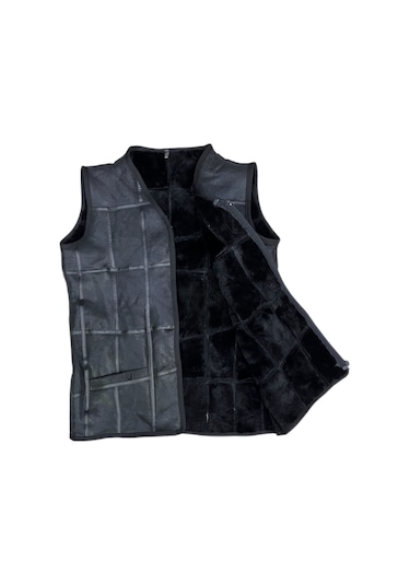 Patchwork Içi Kürk-Dışı Süet Hakiki Deri Biye Detaylı Yelek Siyah