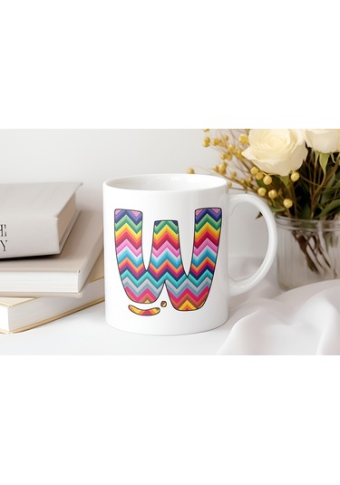 W Harfi Renkli Zigzag Desenli Kupa Bardak - Afrika Tarz Etnik Tasarım Kupa - Kişiye Özel Beyaz