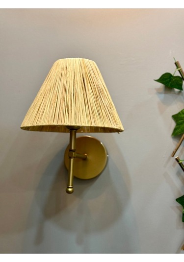 Rafya Saçaksız Bohem Hasır El Yapımı E27 Ampül Kablolu Aplik - Alt Eskitme Gold Natural