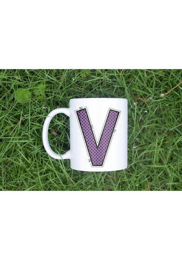 V Harfi Mor Puantiyeli Kupa Bardak - Polka Dot Tasarım Kahve Çay Bardak - Kişiye Özel Hediyelik Beyaz