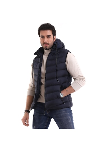 Everest Jel Dolgu Çıkartılabilen Fermuarlı Kapüşonlu Erkek Şişme Yelek Lacivert