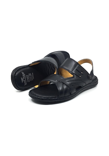 Luis Figo %100 Hakiki Deri Ortopedik Erkek Büyük Numara Sandalet Terlik 40-48 Siyah