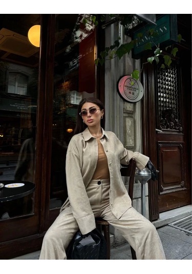 Süet Gömlek Palazzo Pantolon İkili Takım - Bej Bej