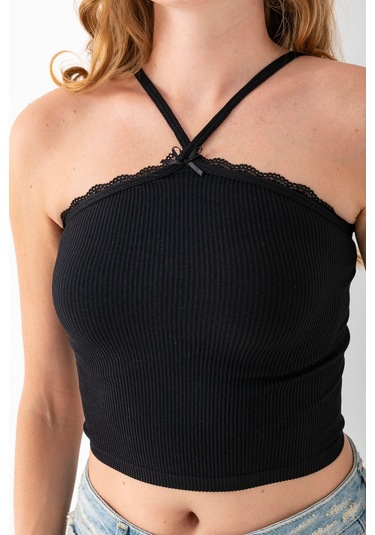 Giysa Kadın Çapraz Askılı Dantel Detaylı Crop Body Siyah - Ms0000309 Siyah