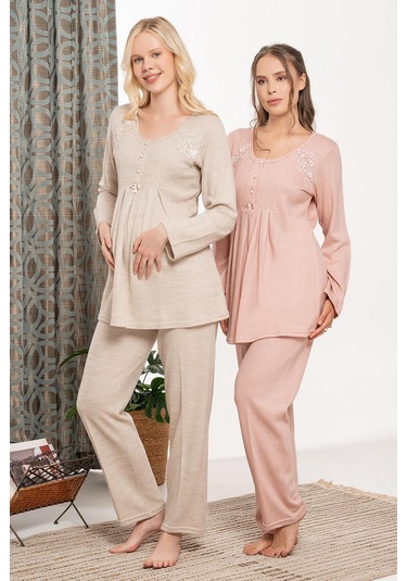 Bone 6106 Peluş Sabahlıklı 3'lü Hamile Lohusa Pijama Takımı