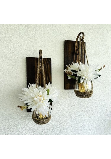 Duvar Dekoru, Led Işıklı, Beyaz Yılzdız Çiçekli, Ceviz Aplik İkili Set